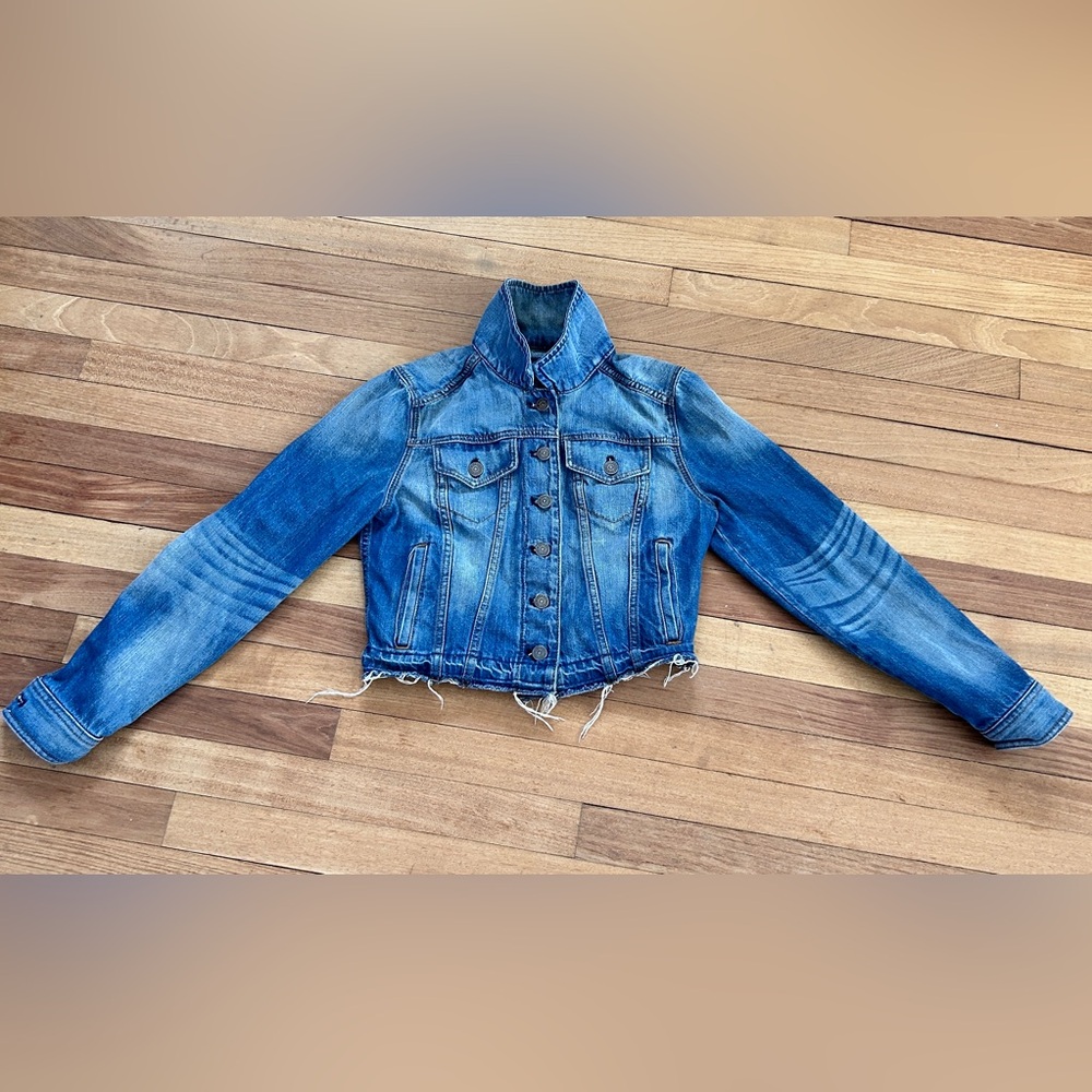 Express cropped denim jacket - Raw hemmed blue distressed Women's size S/P F13